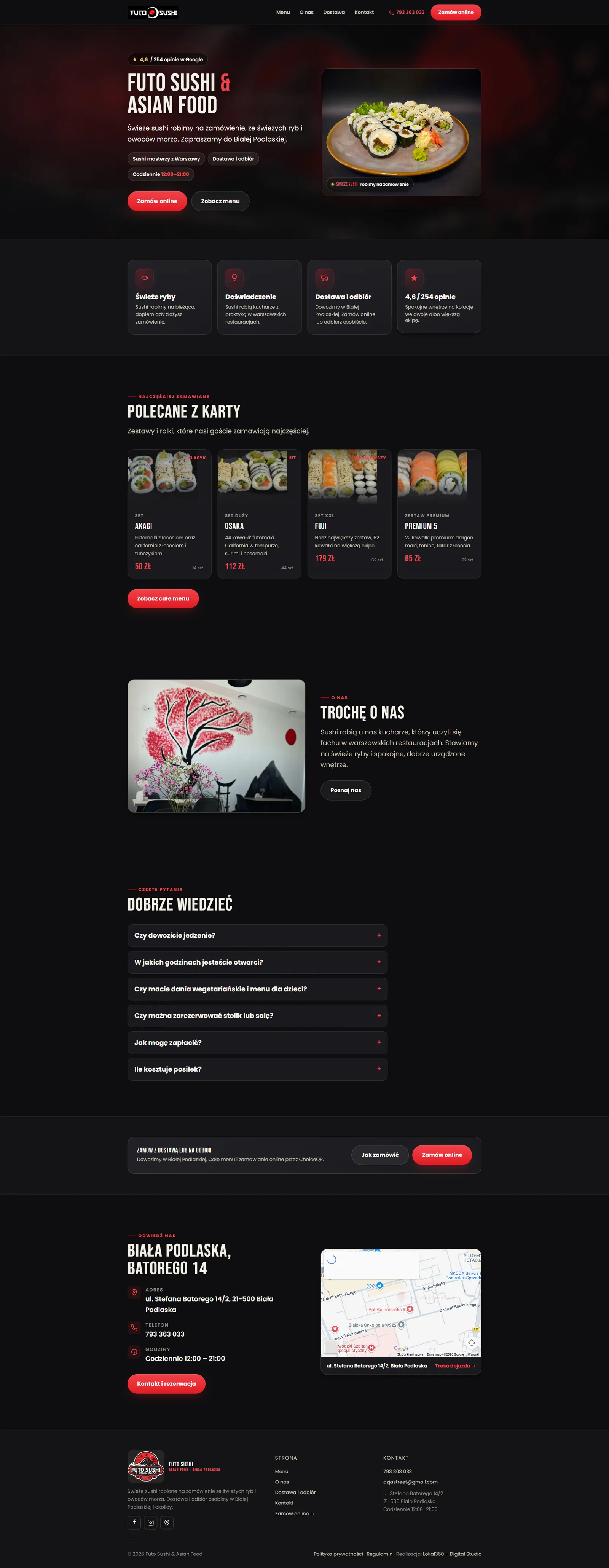 Strona futo-sushi.pl na komputerze: menu z cenami, polecane zestawy, zamówienia online